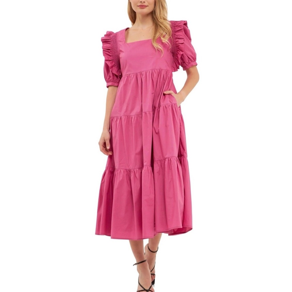 English Factory Magenta Pink Tiered‎ Midi Dress Ruffle Puff Sleeve Square Neck